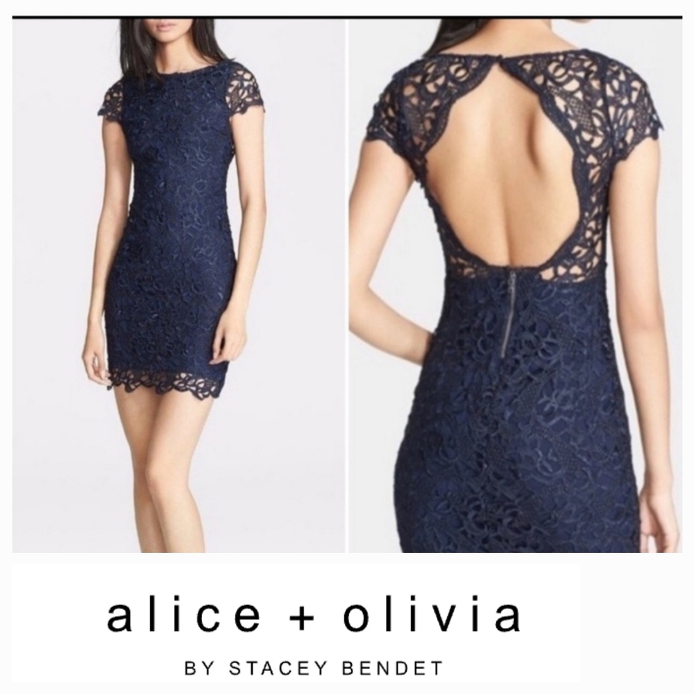 Alice + Olivia Navy Lace silk Sheath Cocktail Dress